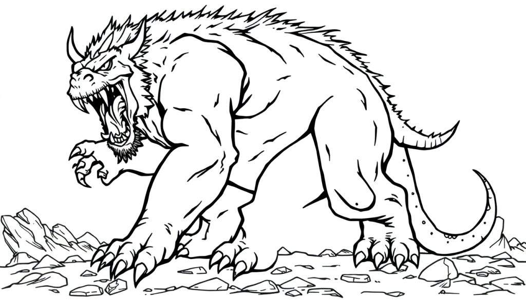 Kleurplaat van een woest monster met scherpe klauwen.