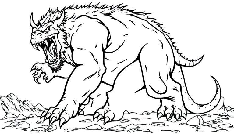 Kleurplaat van een woest monster met scherpe klauwen.