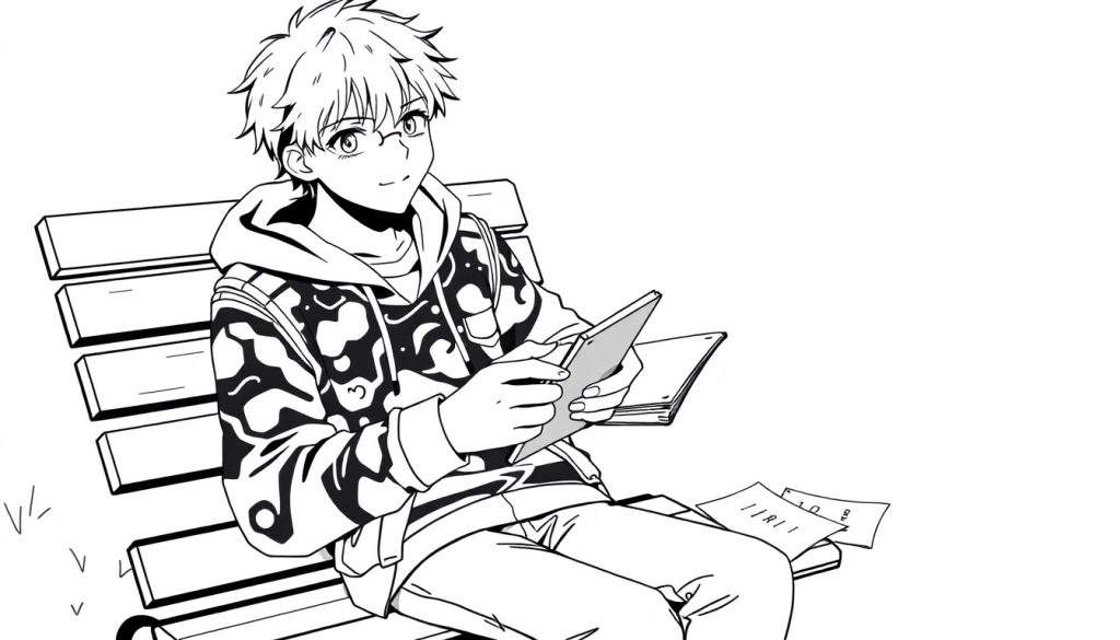 Kleurplaat van een anime jongen met bril en hoodie op een bankje.