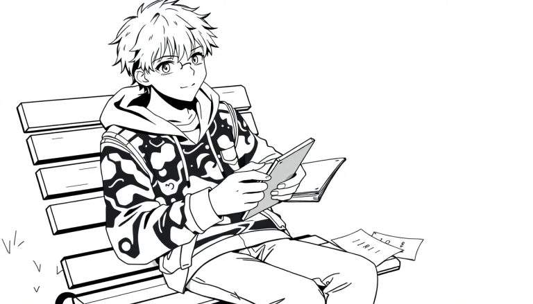 Kleurplaat van een anime jongen met bril en hoodie op een bankje.