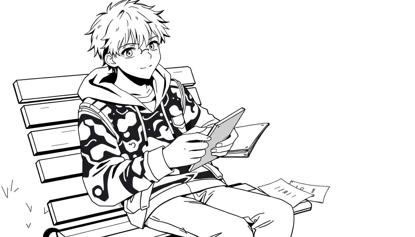 Kleurplaat van een anime jongen met bril en hoodie op een bankje.
