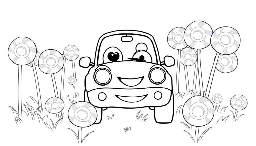 Kleurplaat van een vrolijke cartoonauto omringd door lolly's.