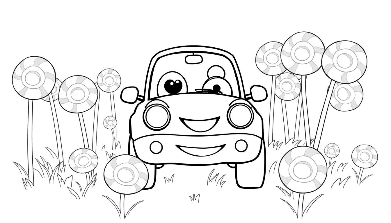 Kleurplaat van een vrolijke cartoonauto omringd door lolly's.