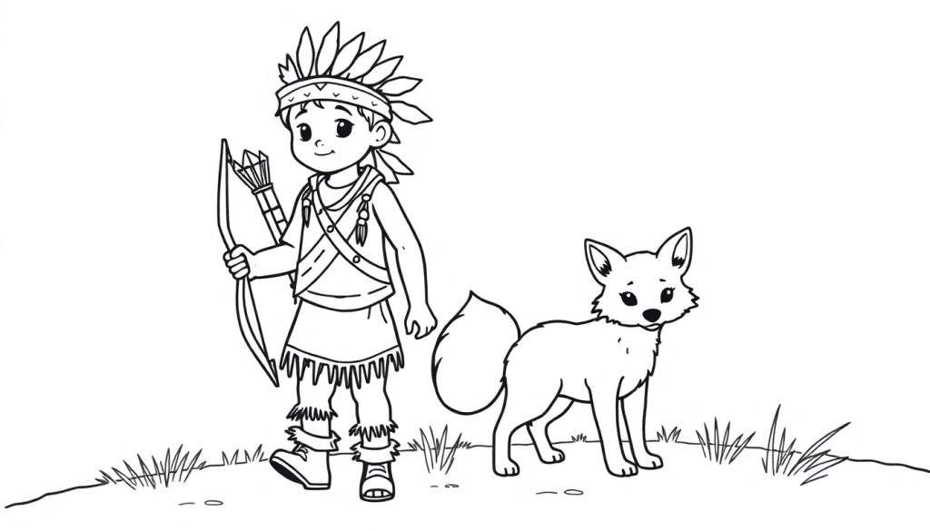 Kleurplaat van een indianen jongen met een baby vos