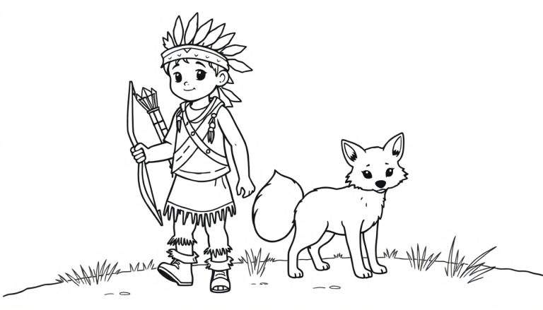 Kleurplaat van een indianen jongen met een baby vos