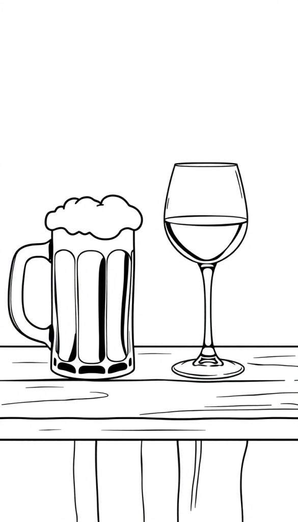 Kleurplaat van een biermok en een wijnglas op tafel.