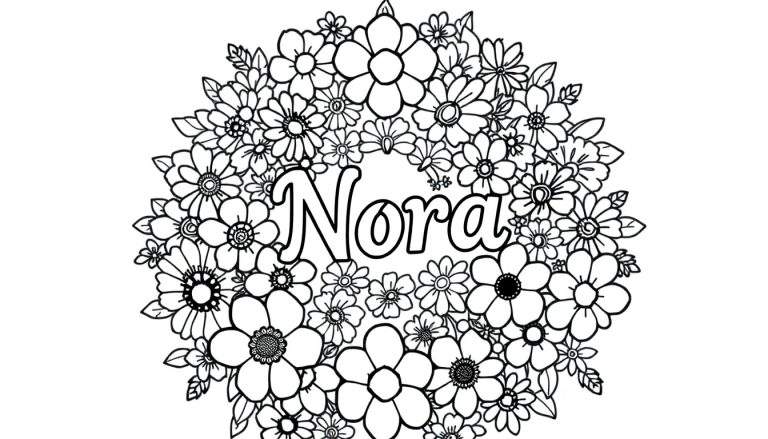Kleurplaat van een bloemenkrans met de naam Nora in het midden.