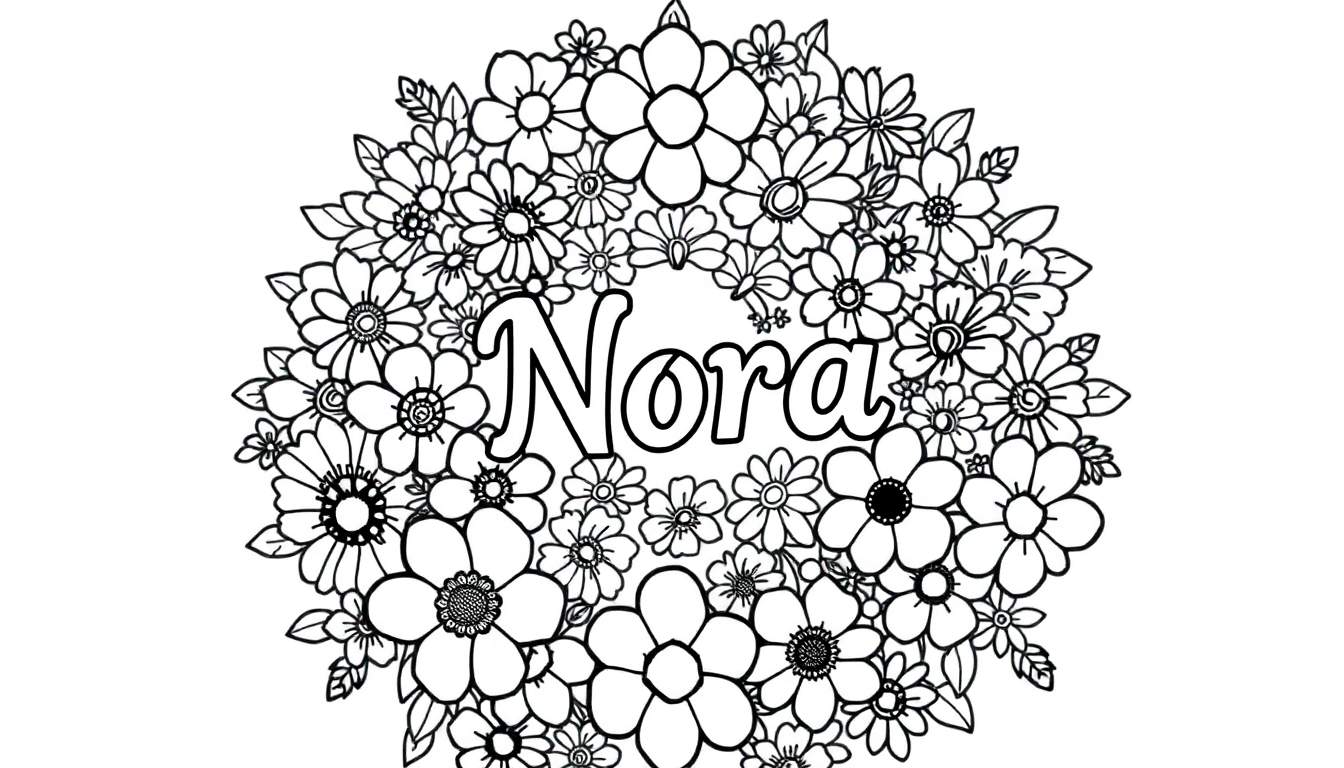Kleurplaat van een bloemenkrans met de naam Nora in het midden.