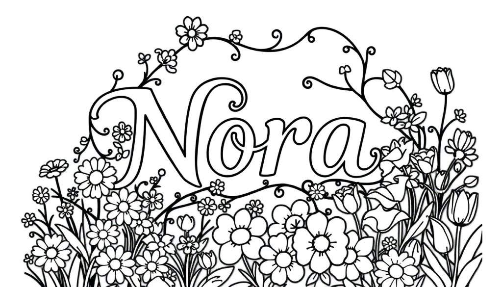 Zwart-wit kleurplaat met de naam Nora omringd door bloemen.