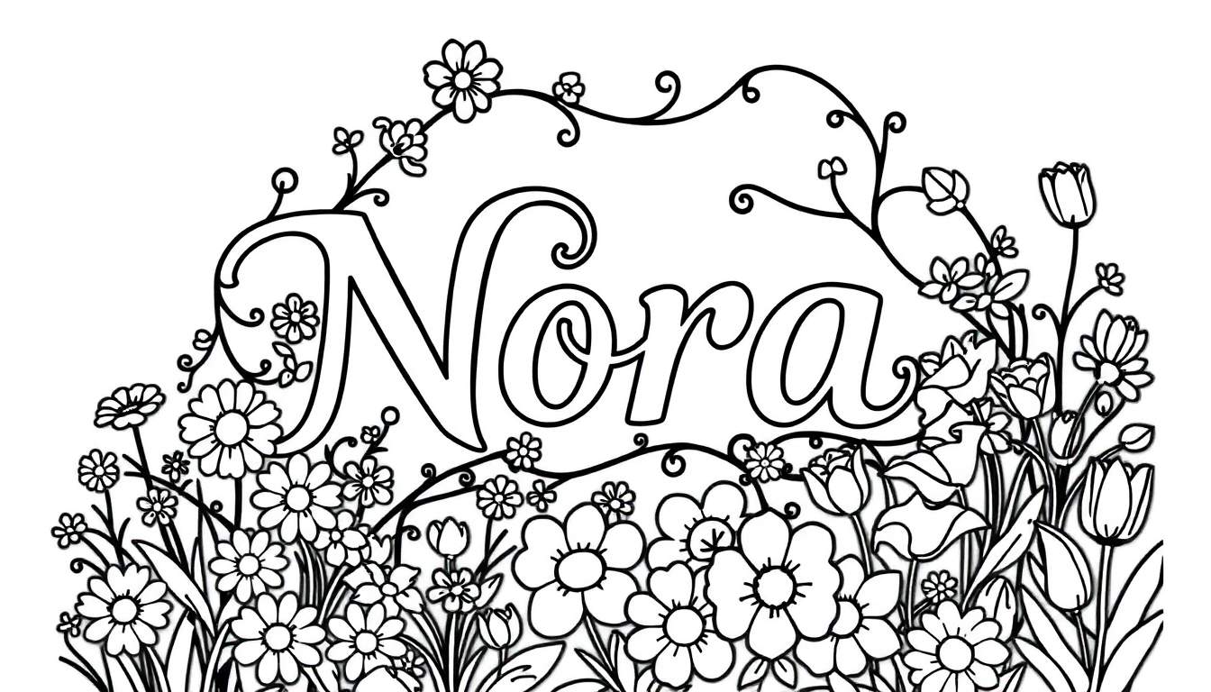 Zwart-wit kleurplaat met de naam Nora omringd door bloemen.