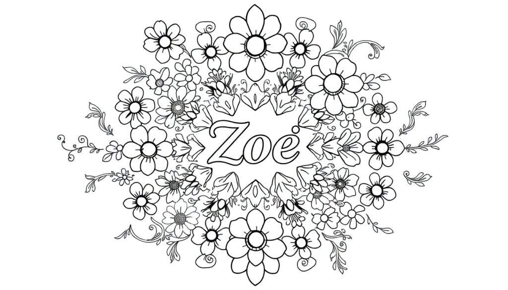 Kleurplaat van een bloemenkrans met de naam Zoe.