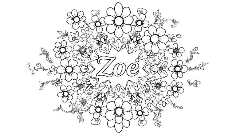 Kleurplaat van een bloemenkrans met de naam Zoe.