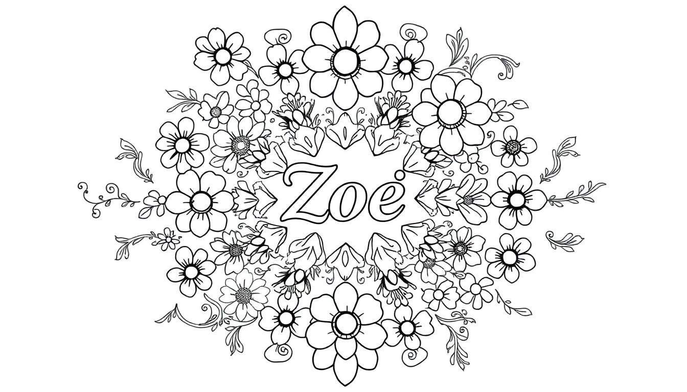 Kleurplaat van een bloemenkrans met de naam Zoe.