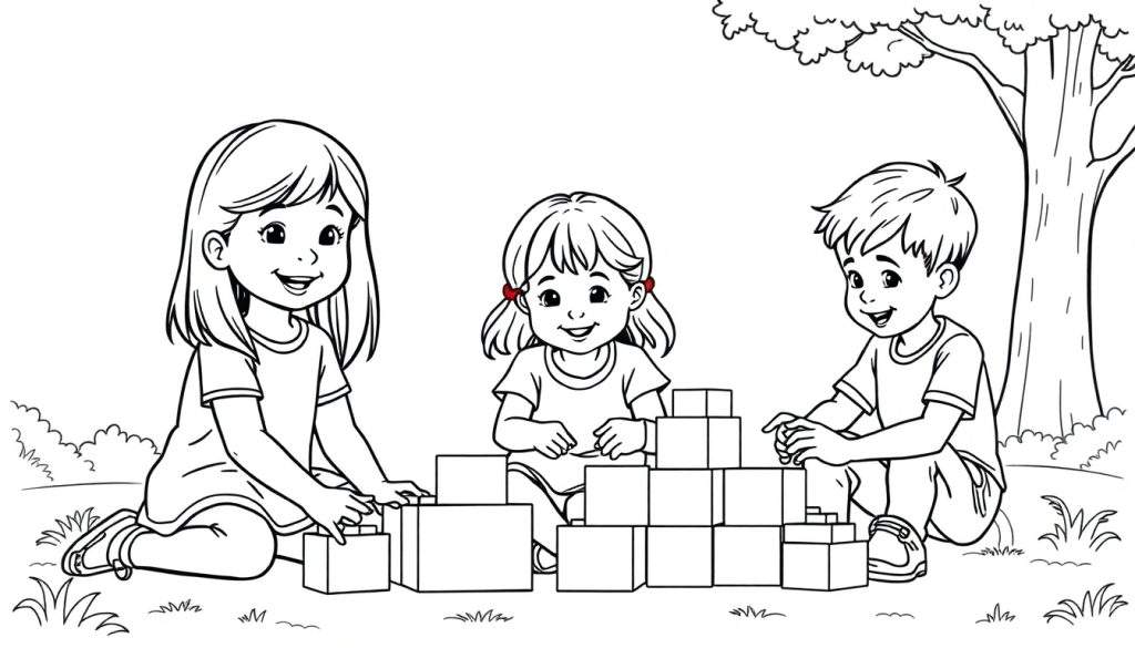 Kleurplaat van drie kinderen die blokken stapelen bij een boom.