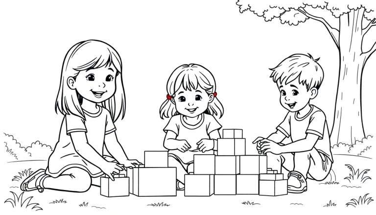 Kleurplaat van drie kinderen die blokken stapelen bij een boom.