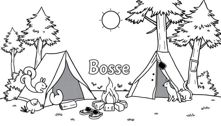 Kleurplaat van een camping met Bosse, dieren, tenten en een kampvuur.