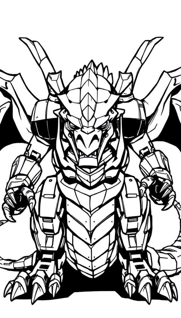 Zwart-wit tekening van een boze mechanische draak met scherpe tanden, robotachtig lichaam en gekartelde vleugels.