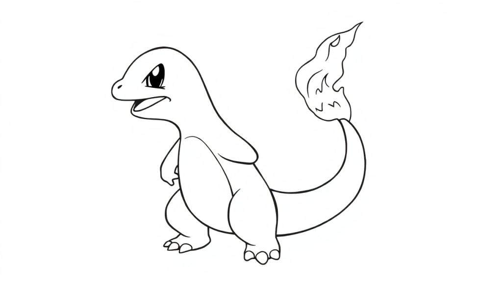 Kleurplaat van Charmander, een Pokémon, die rechtop staat met een vlam op zijn staart.