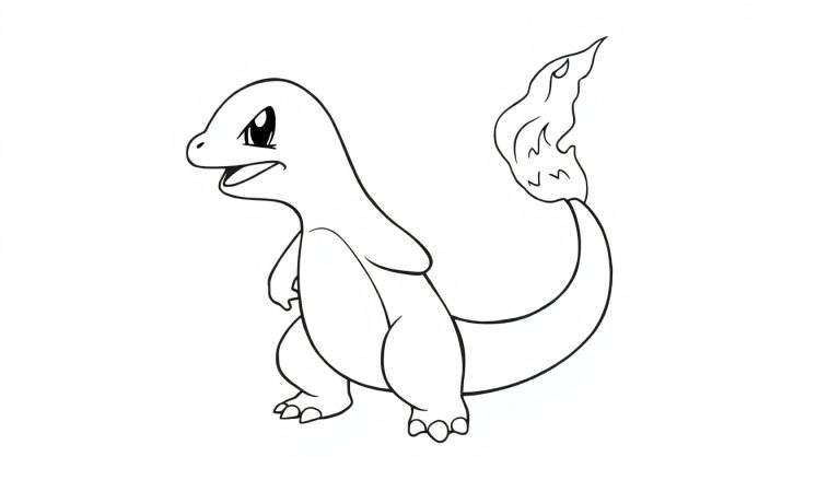 Kleurplaat van Charmander, een Pokémon, die rechtop staat met een vlam op zijn staart.