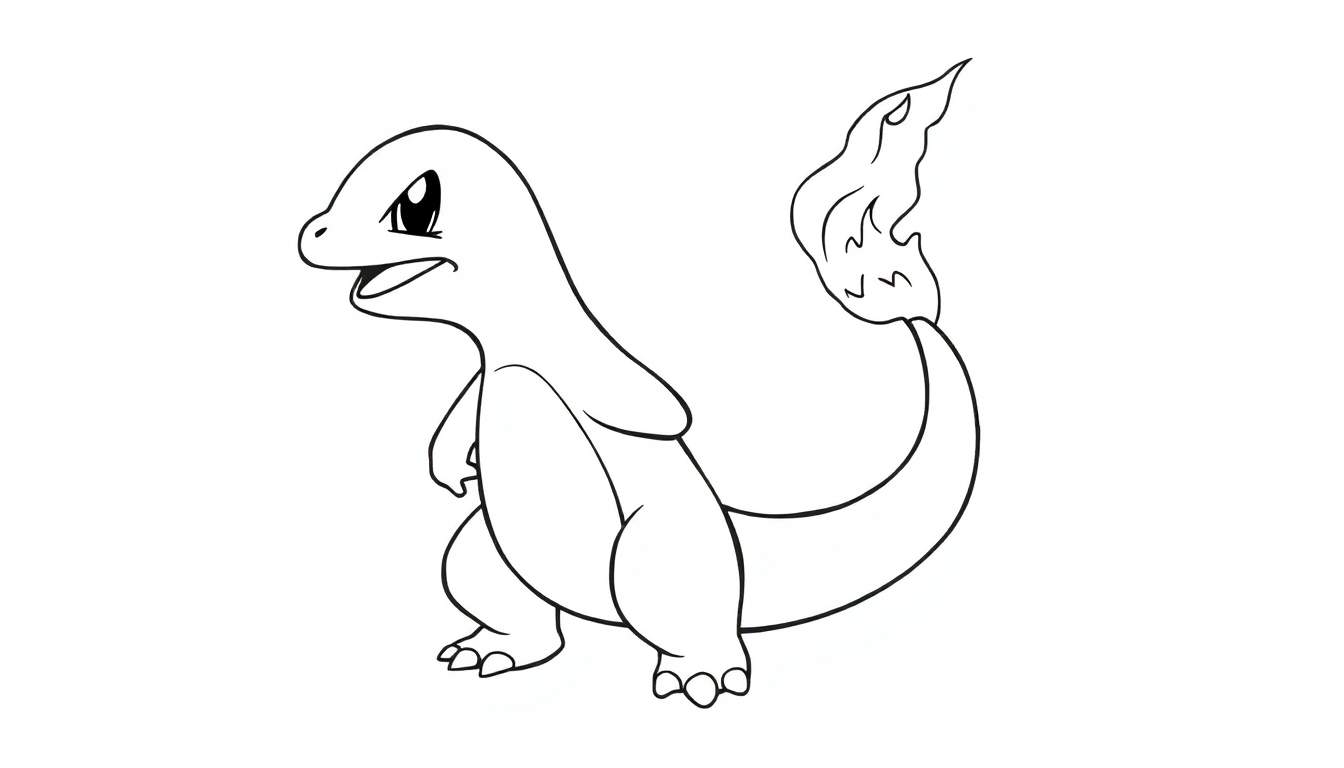 Kleurplaat van Charmander, een Pokémon, die rechtop staat met een vlam op zijn staart.