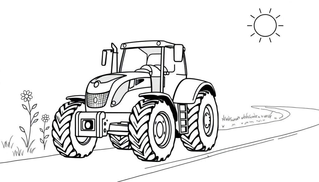 Kleurplaat van een Claas Axion 870 tractor op een pad met een zon en bloemen.