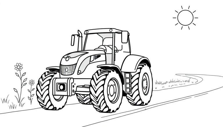 Kleurplaat van een Claas Axion 870 tractor op een pad met een zon en bloemen.