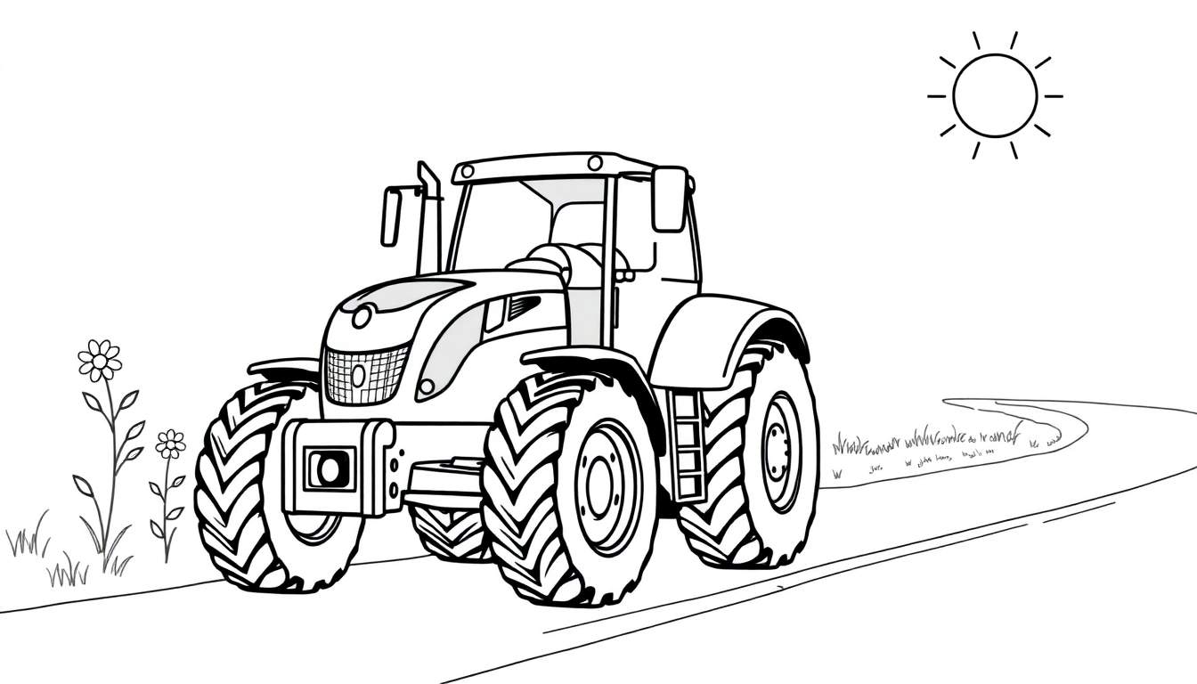 Kleurplaat van een Claas Axion 870 tractor op een pad met een zon en bloemen.