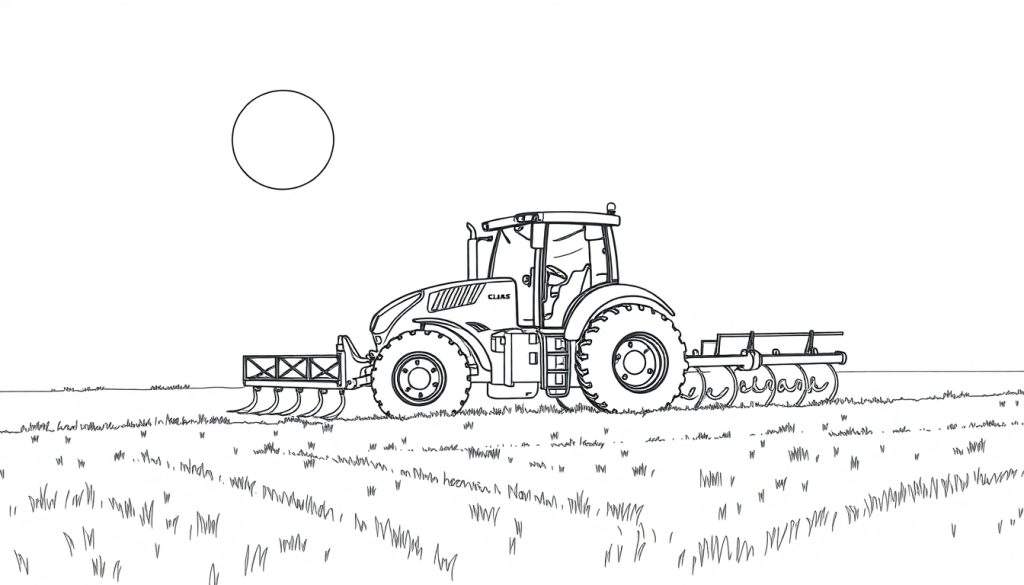 Kleurplaat van een Claas tractor onder de zon.