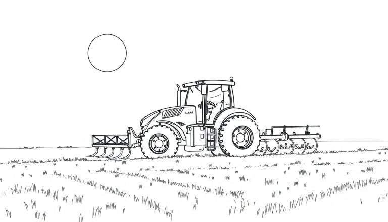 Kleurplaat van een Claas tractor onder de zon.