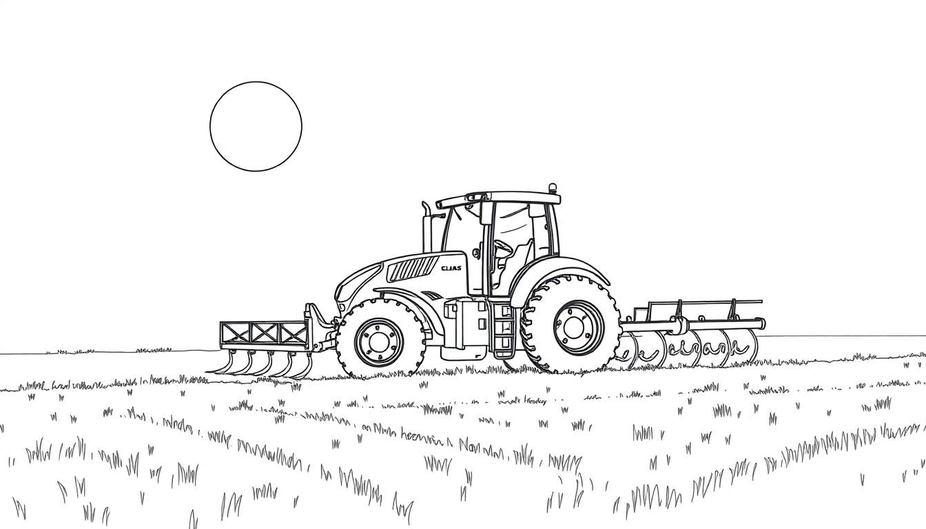 Kleurplaat van een Claas tractor onder de zon.