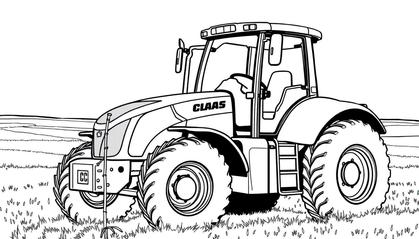 Kleurplaat van een Claas Axion 960 tractor in een veld.