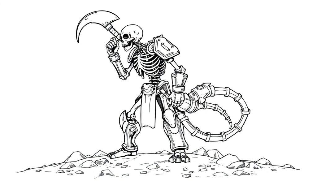 Kleurplaat van een cyber-skelet met een zeis