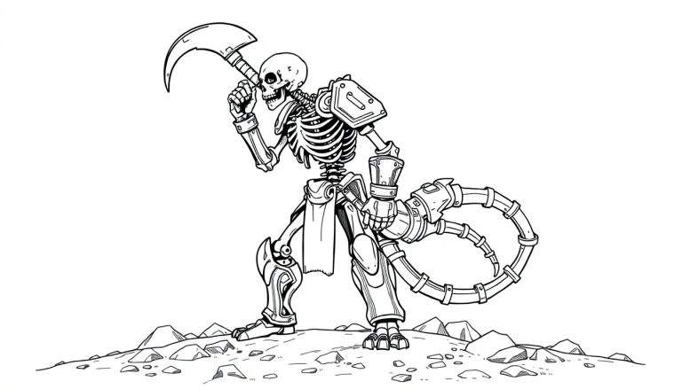 Kleurplaat van een cyber-skelet met een zeis