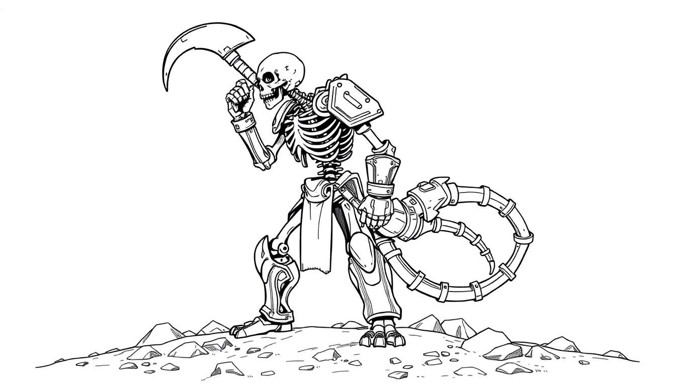 Kleurplaat van een cyber-skelet met een zeis