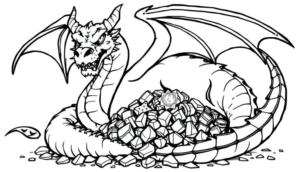 Zwart-witte kleurplaat van een woedende draak met scherpe tanden en horens, zittend op een stapel kubusvormige schatten met een ingewikkeld object erbovenop.