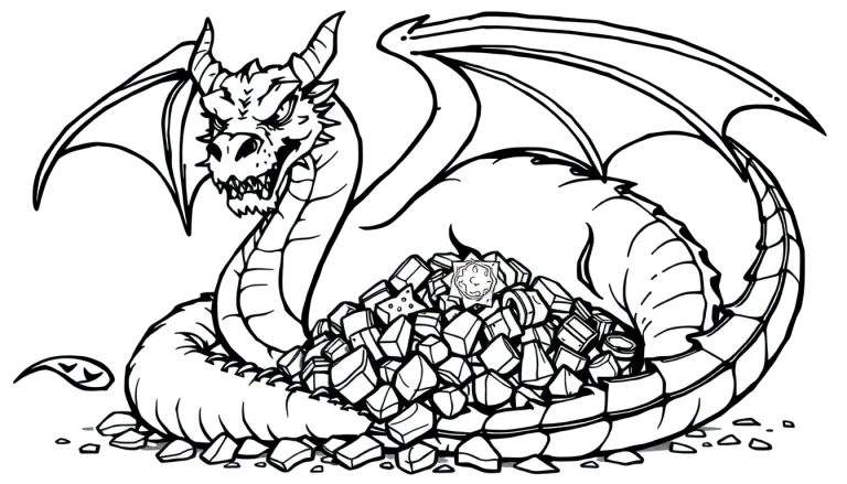 Zwart-witte kleurplaat van een woedende draak met scherpe tanden en horens, zittend op een stapel kubusvormige schatten met een ingewikkeld object erbovenop.