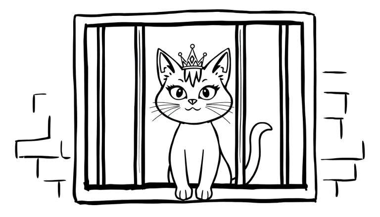 Kleurplaat van een koninklijke kat in een kooi.