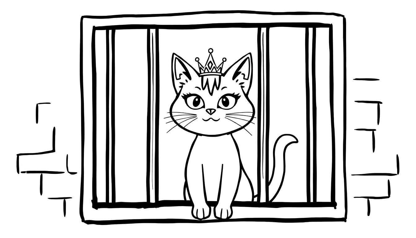 Kleurplaat van een koninklijke kat in een kooi.