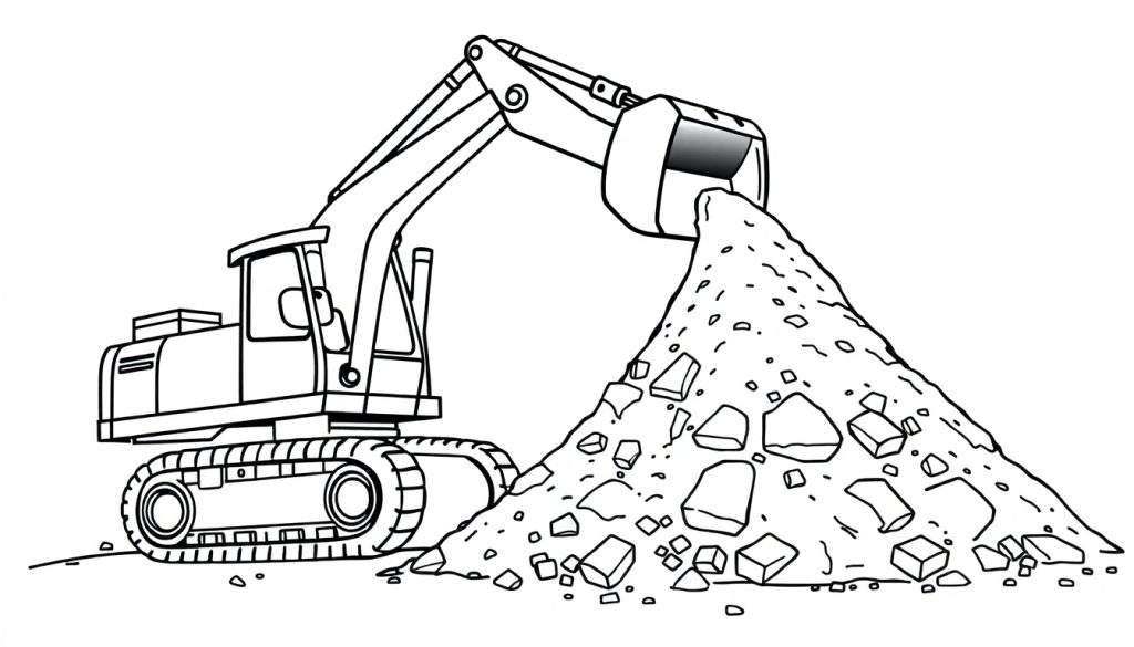 Zwart-wit kleurplaat van een graafmachine die zand verplaatst.