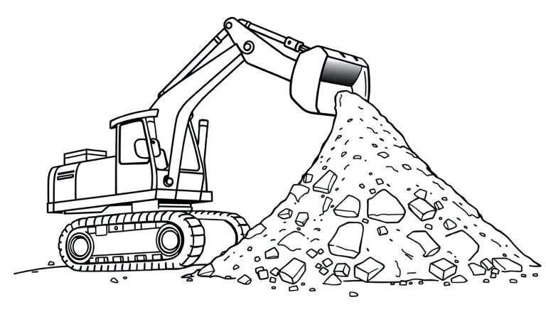 Zwart-wit kleurplaat van een graafmachine die zand verplaatst.