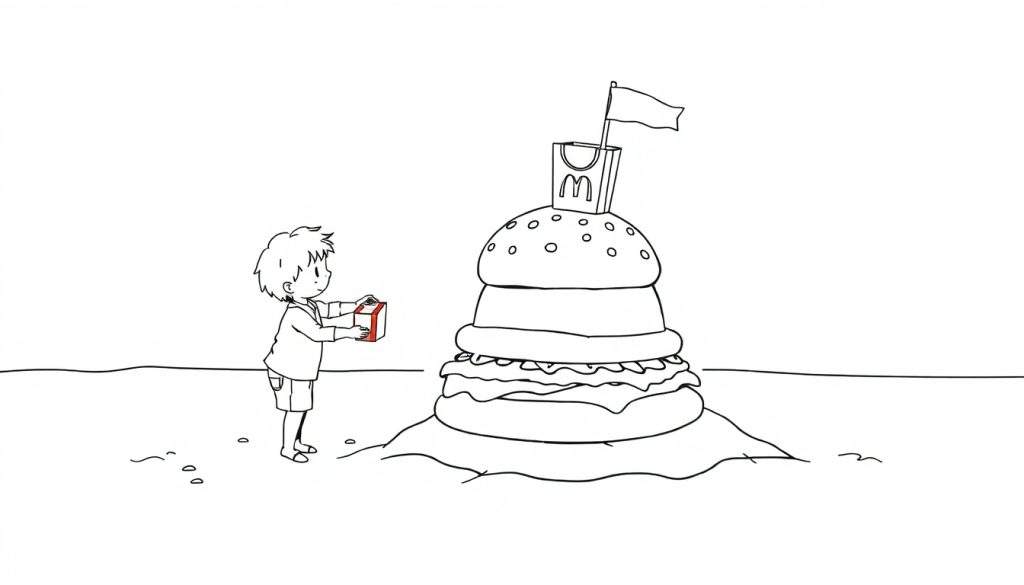 Kleurplaat van een jongen met een McDonald's doosje gericht op een gigantisch hamburgergebouw.