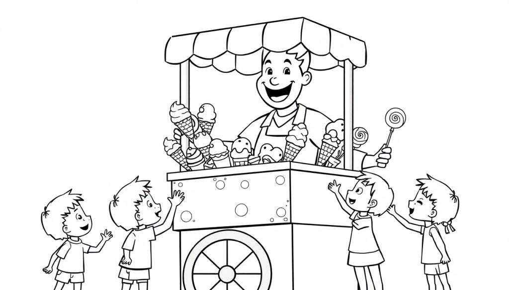 Kleurplaat: Vrolijke ijscoman met kinderen bij een kraam.