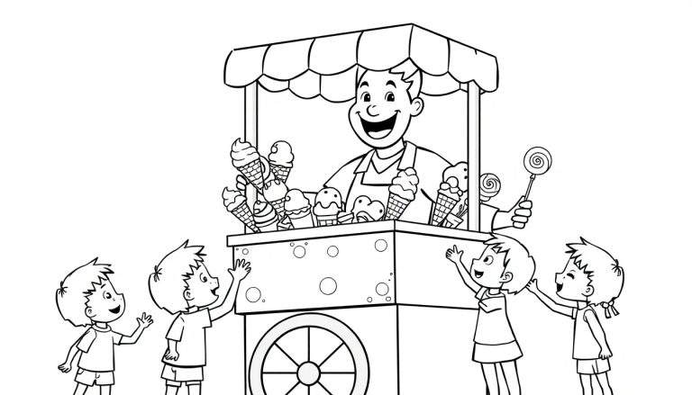 Kleurplaat: Vrolijke ijscoman met kinderen bij een kraam.