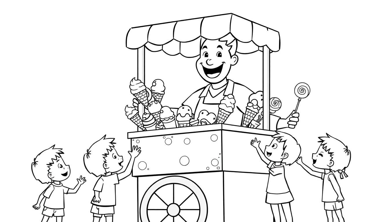 Kleurplaat: Vrolijke ijscoman met kinderen bij een kraam.