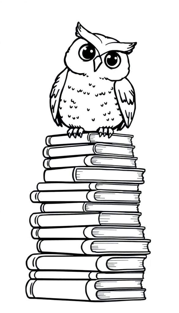 Een simpele kleurplaat van een uil zonder veren op een stapel boeken.