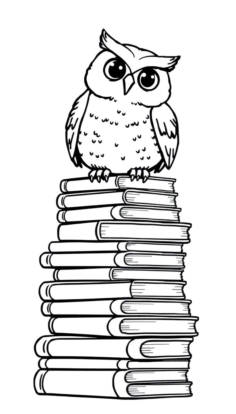 Een simpele kleurplaat van een uil zonder veren op een stapel boeken.