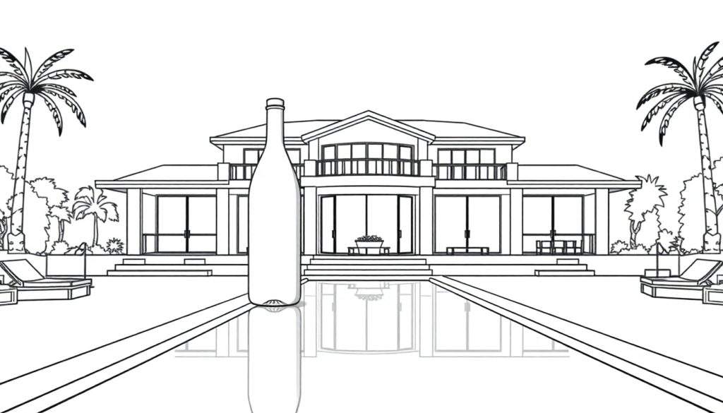 Zwart-wit kleurplaat van een luxe villa met zwembad en een grote fles wijn.
