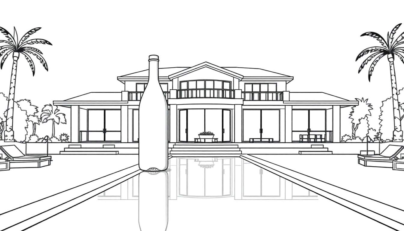 Zwart-wit kleurplaat van een luxe villa met zwembad en een grote fles wijn.