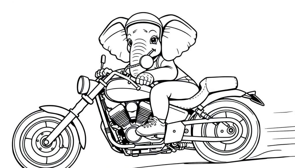 Een cartoon olifant op een motor als kleurplaat.