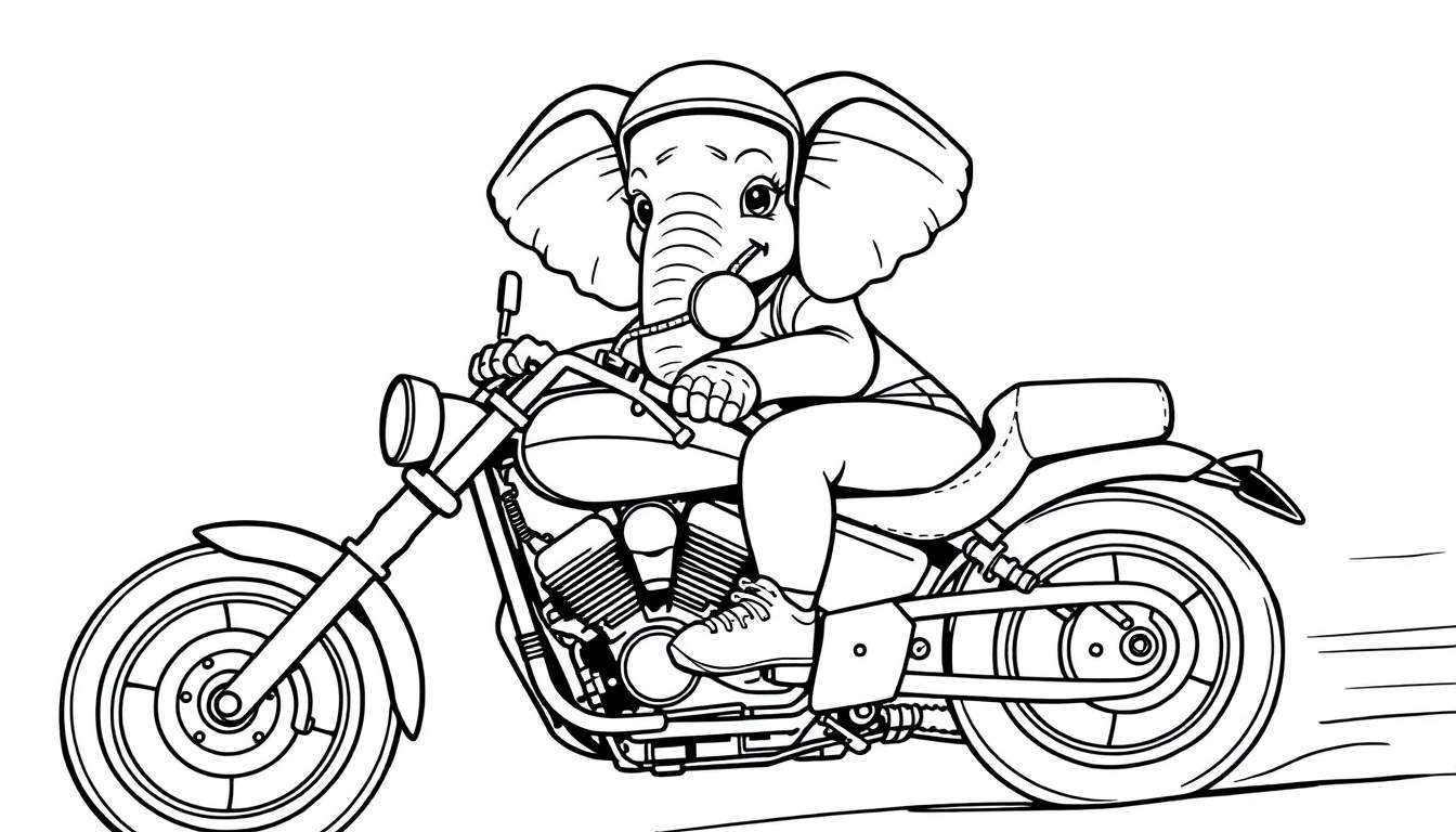 Een cartoon olifant op een motor als kleurplaat.